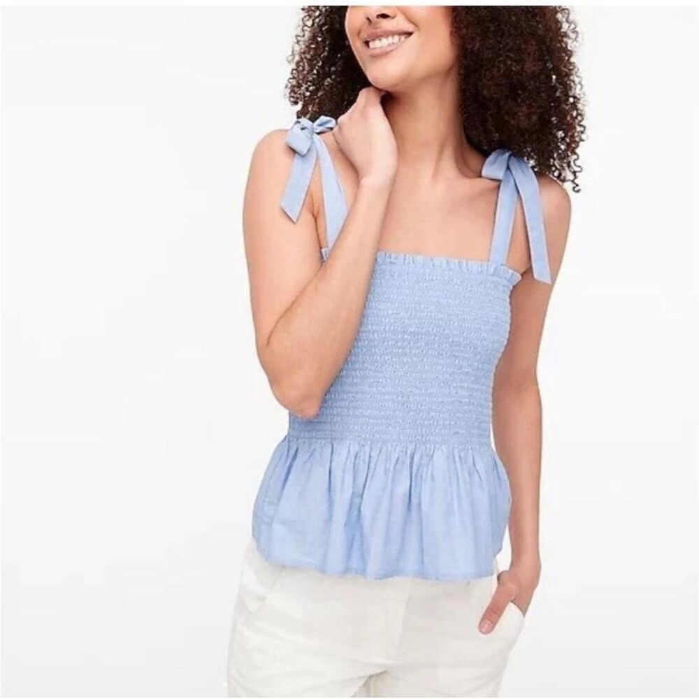 J.crew Cotton Smocked tie-shoulder Blue tank top L Cottagecore Coquette Prairie